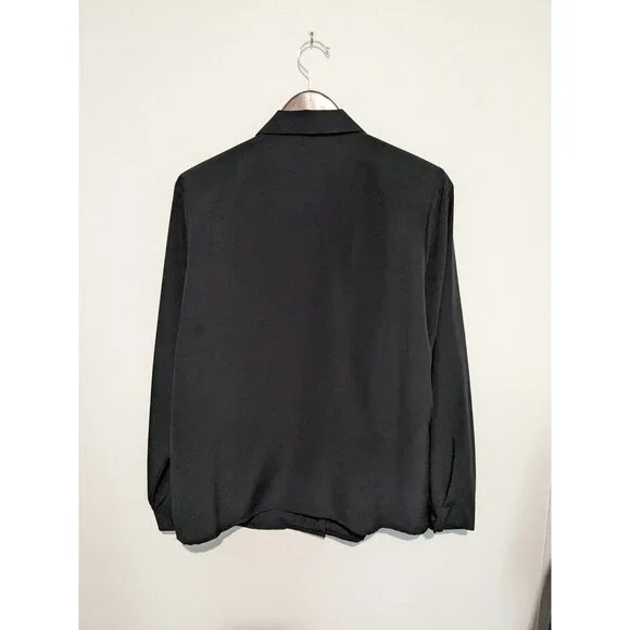 Vintage 80s Black Poly Pleated Front Secretary Blouse 12 L Padded Shoulder - Picture 2 of 4